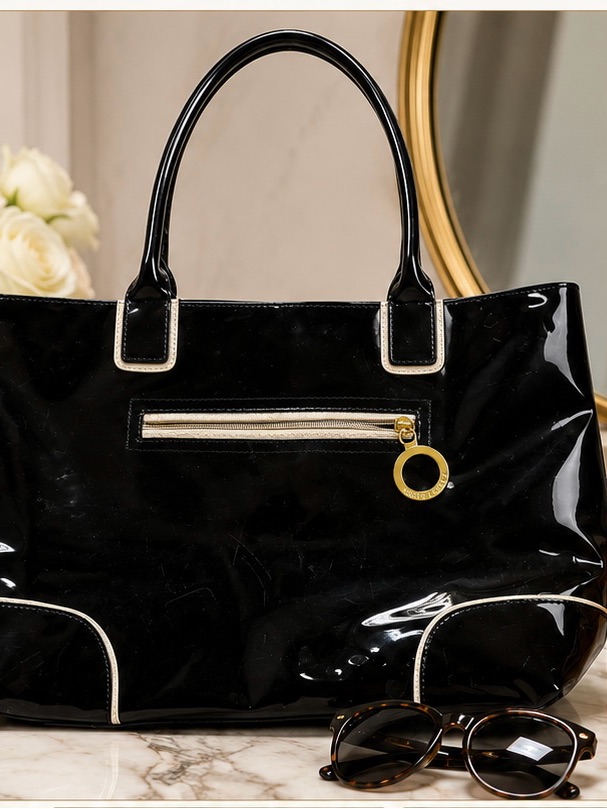 Este Lauder Black Patent Tote Bag Large Shoulder Bag Gold Charm